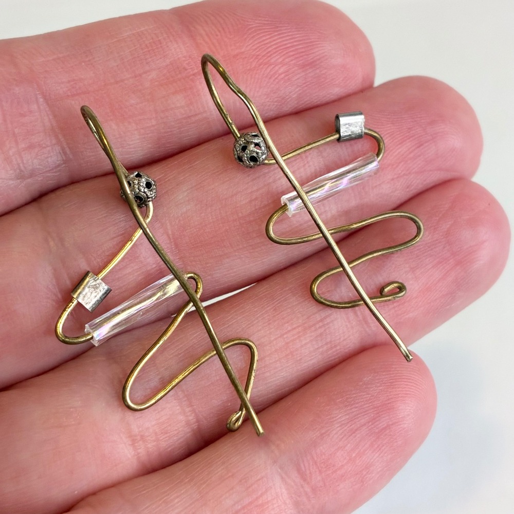 Vintage Earrings Abstract Zig Zag Wire Gold Tone Glass Bead Artisan Modernist - Picture 3 of 11